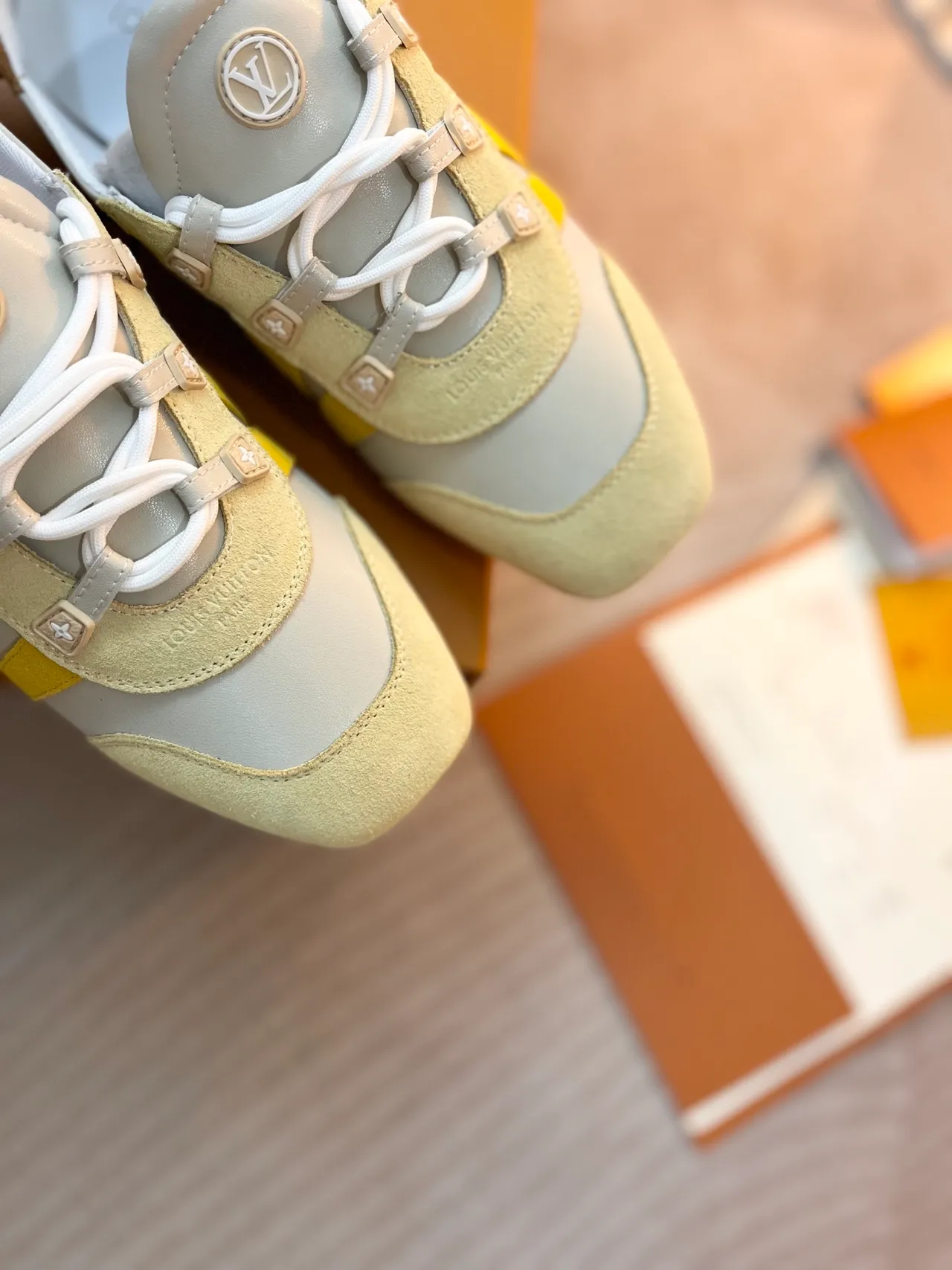 Louis Vuitton LV Trainer Beige Yellow Multi-Panel Suede And Leather Contrast Strap Overlay Lifestyle Sneakers 3