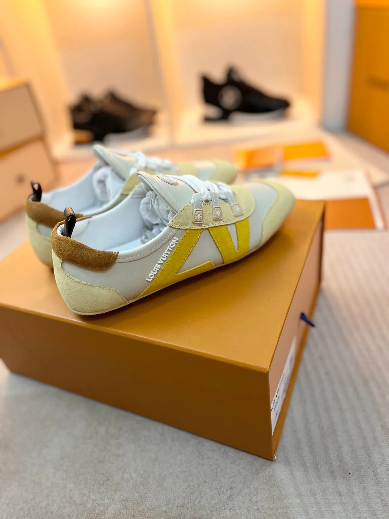 Louis Vuitton LV Trainer Beige Yellow Multi-Panel Suede And Leather Contrast Strap Overlay Lifestyle Sneakers 4