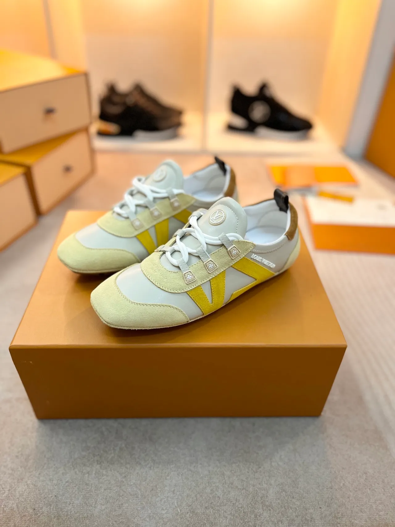 Louis Vuitton LV Trainer Beige Yellow Multi-Panel Suede And Leather Contrast Strap Overlay Lifestyle Sneakers 5