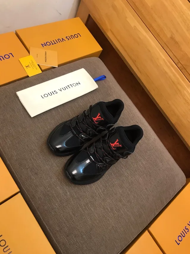 Louis Vuitton LV Trainer Black Red Glossy Patent Leather Mesh Paneling Chunky Sneakers 3