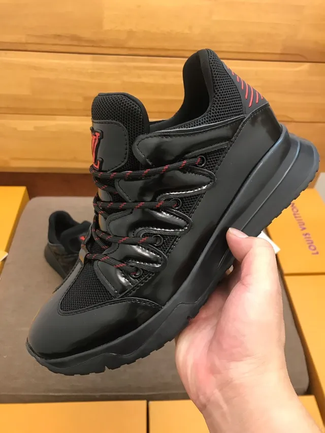 Louis Vuitton LV Trainer Black Red Glossy Patent Leather Mesh Paneling Chunky Sneakers 4