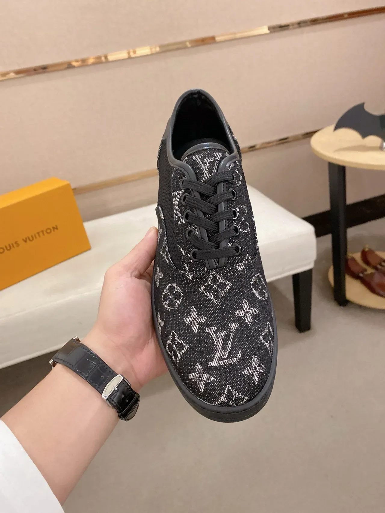 Louis Vuitton LV Trainer Black White Monogram Jacquard Panelled Textile Upper Lifestyle Sneakers 7