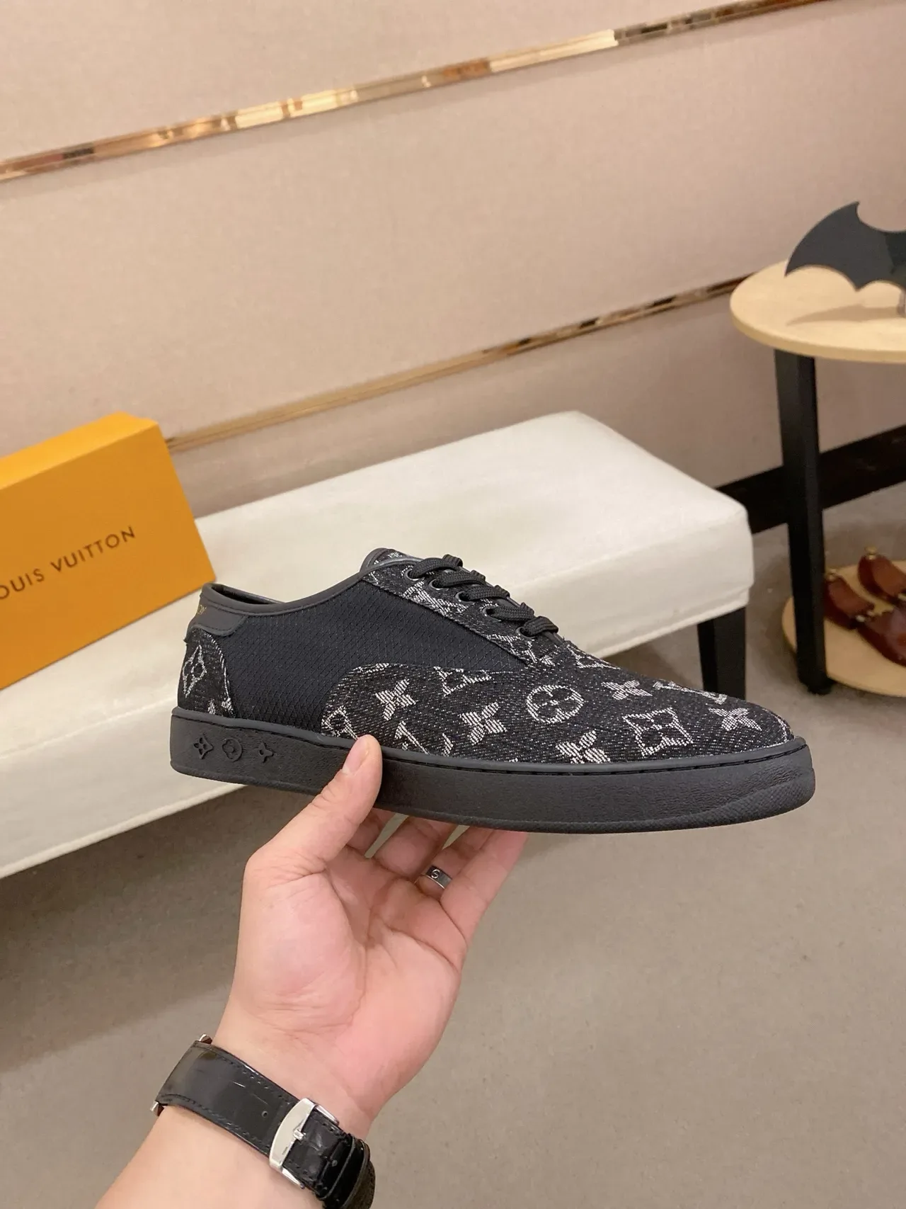 Louis Vuitton LV Trainer Black White Monogram Jacquard Panelled Textile Upper Lifestyle Sneakers 9