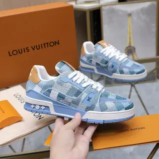 Louis Vuitton LV Trainer Blue Beige Patchwork Jacquard Upper Layered Multi-Tone Midsole Lifestyle Sneakers