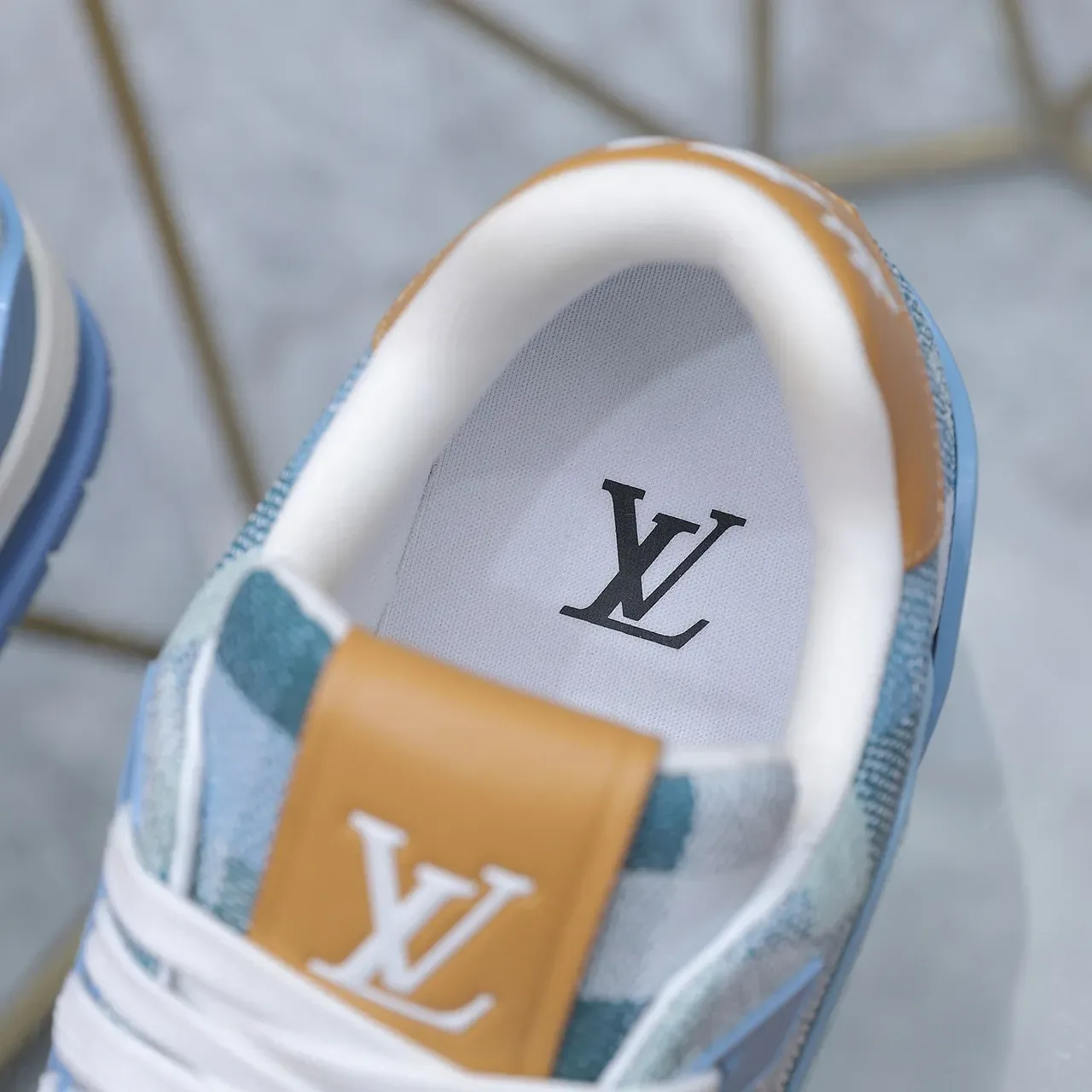 Louis Vuitton LV Trainer Blue Beige Patchwork Jacquard Upper Layered Multi-Tone Midsole Lifestyle Sneakers 2