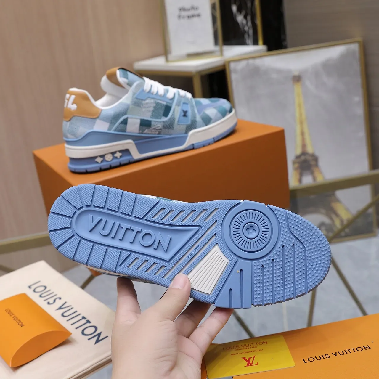 Louis Vuitton LV Trainer Blue Beige Patchwork Jacquard Upper Layered Multi-Tone Midsole Lifestyle Sneakers 3