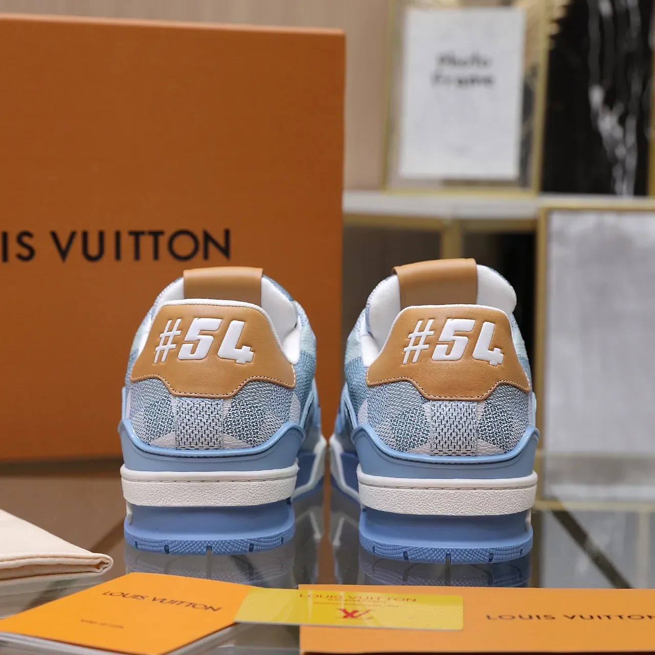 Louis Vuitton LV Trainer Blue Beige Patchwork Jacquard Upper Layered Multi-Tone Midsole Lifestyle Sneakers 4
