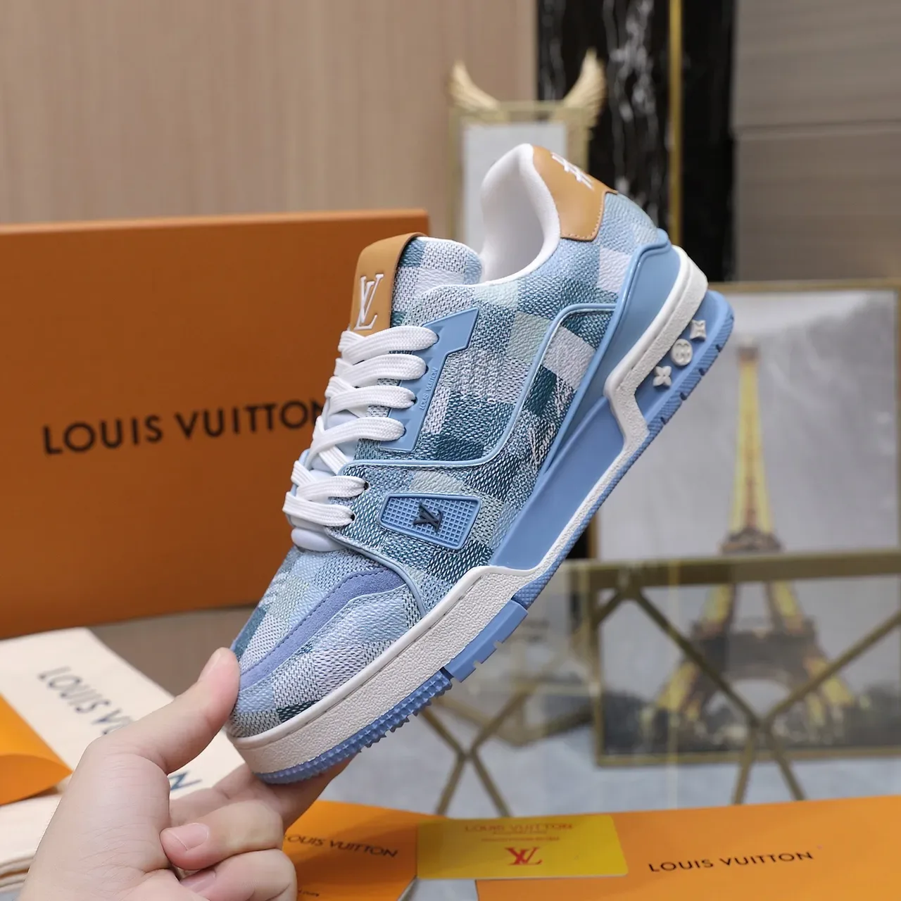Louis Vuitton LV Trainer Blue Beige Patchwork Jacquard Upper Layered Multi-Tone Midsole Lifestyle Sneakers 5