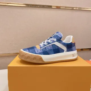 Louis Vuitton LV Trainer Azul Beige Textil Pixelado Parte Superior Patrón de Cuadrícula Suela de Goma Lifestyle Sneakers