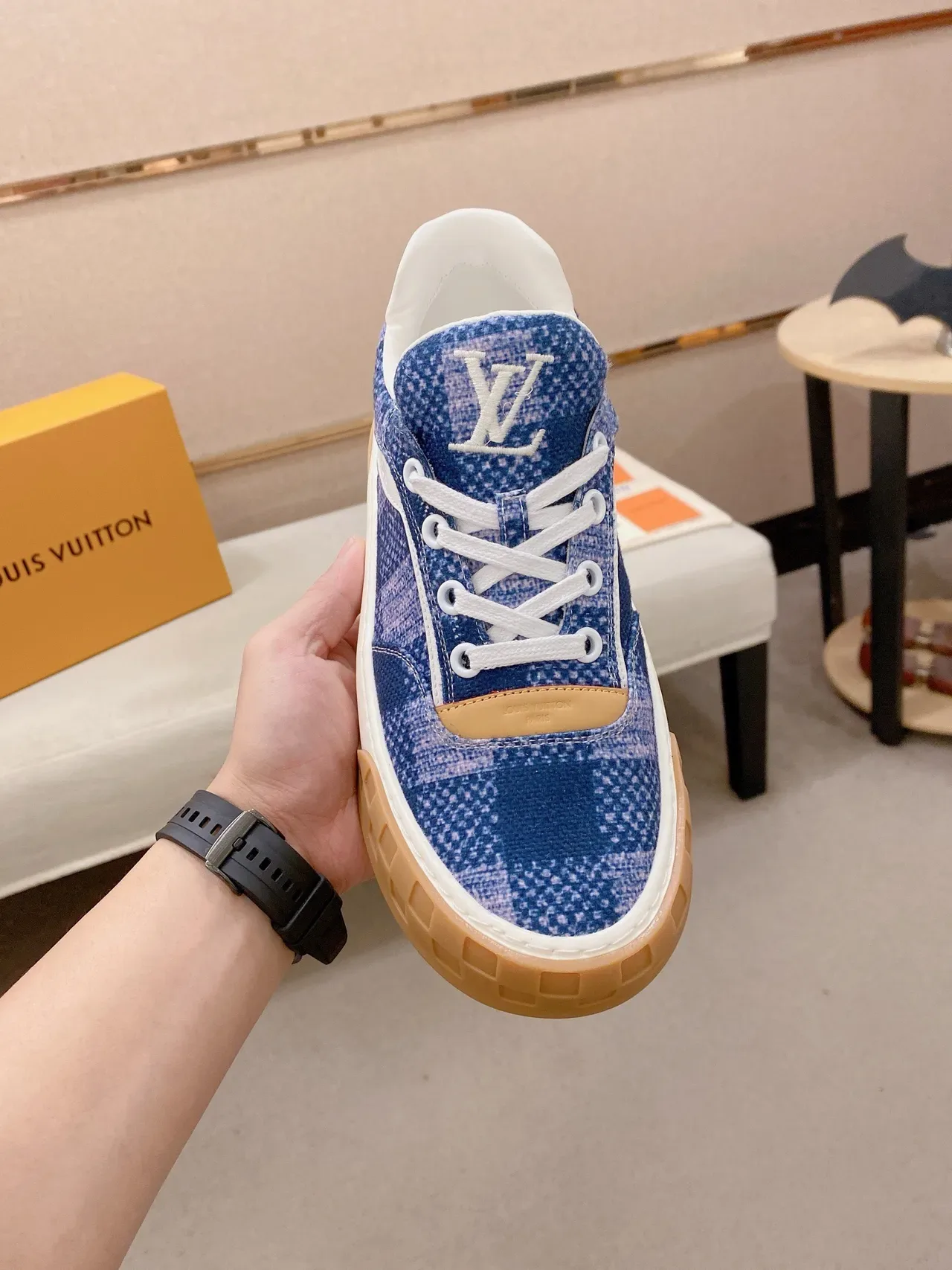 Louis Vuitton LV Trainer Blue Beige Pixelated Textile Upper Grid-Patterned Rubber Outsole Lifestyle Sneakers 2
