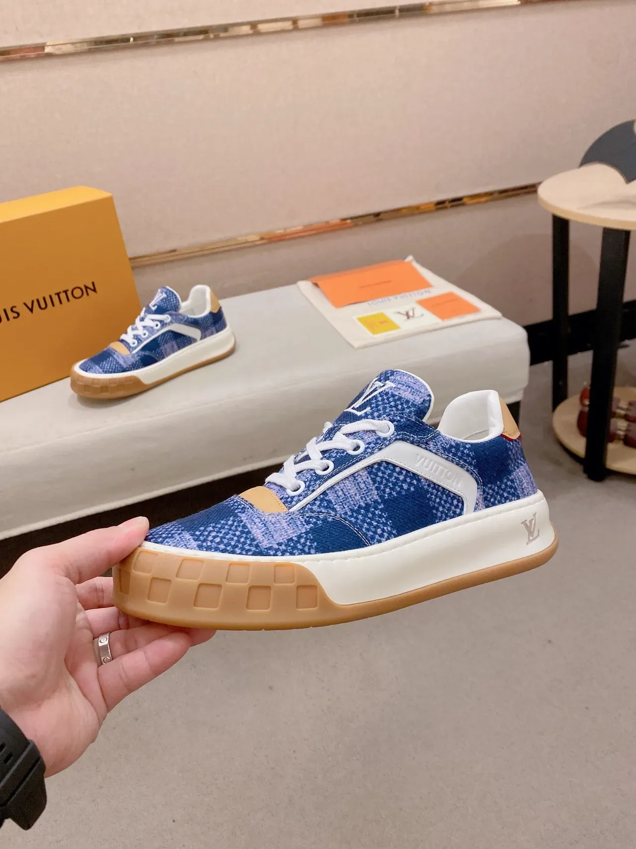 Louis Vuitton LV Trainer Blue Beige Pixelated Textile Upper Grid-Patterned Rubber Outsole Lifestyle Sneakers 3