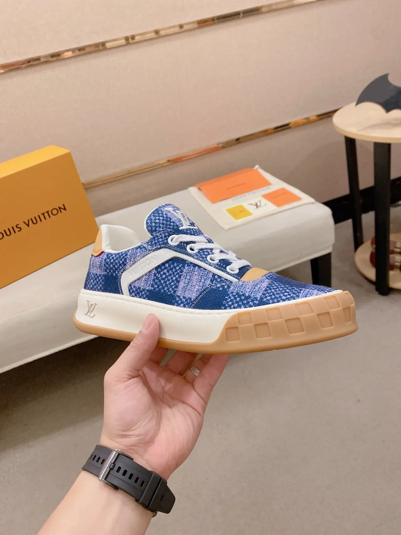 Louis Vuitton LV Trainer Blue Beige Pixelated Textile Upper Grid-Patterned Rubber Outsole Lifestyle Sneakers 4