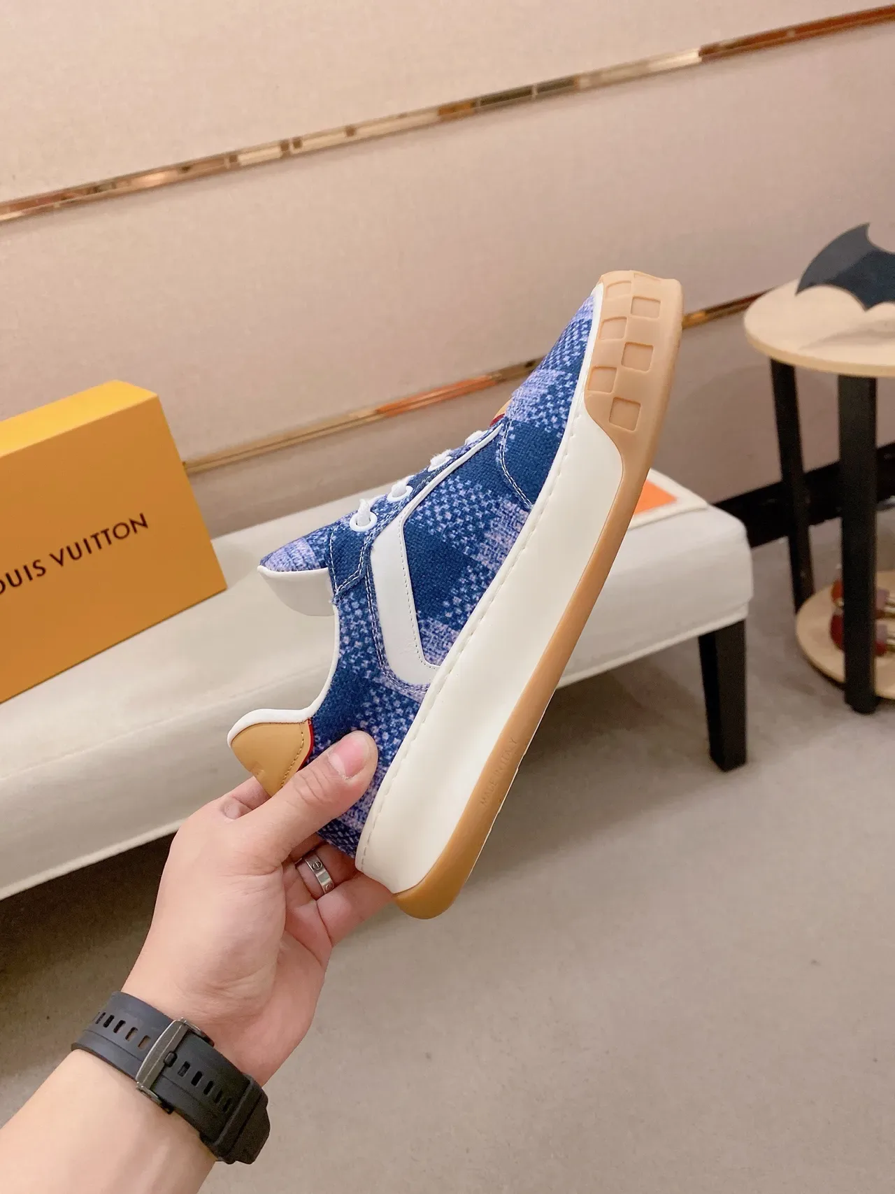 Louis Vuitton LV Trainer Blue Beige Pixelated Textile Upper Grid-Patterned Rubber Outsole Lifestyle Sneakers 5