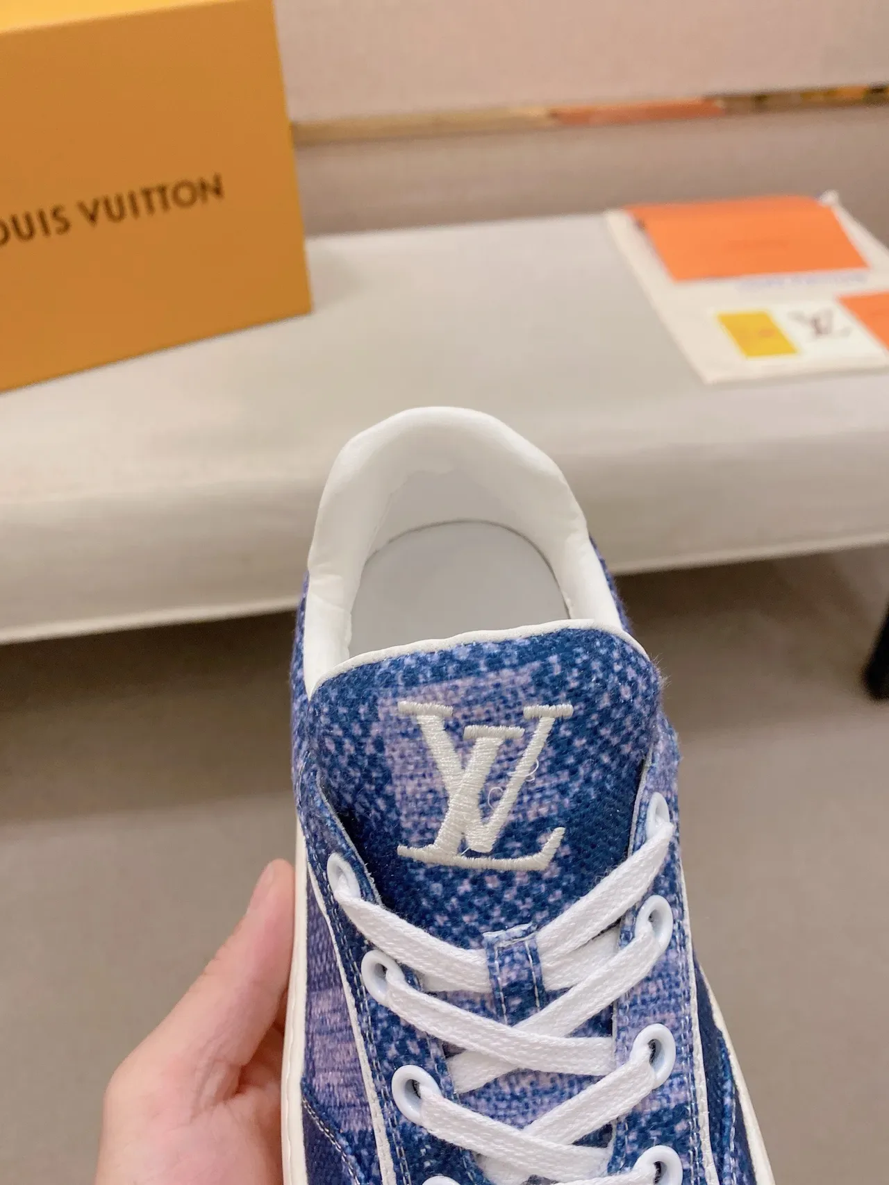 Louis Vuitton LV Trainer Blue Beige Pixelated Textile Upper Grid-Patterned Rubber Outsole Lifestyle Sneakers 6
