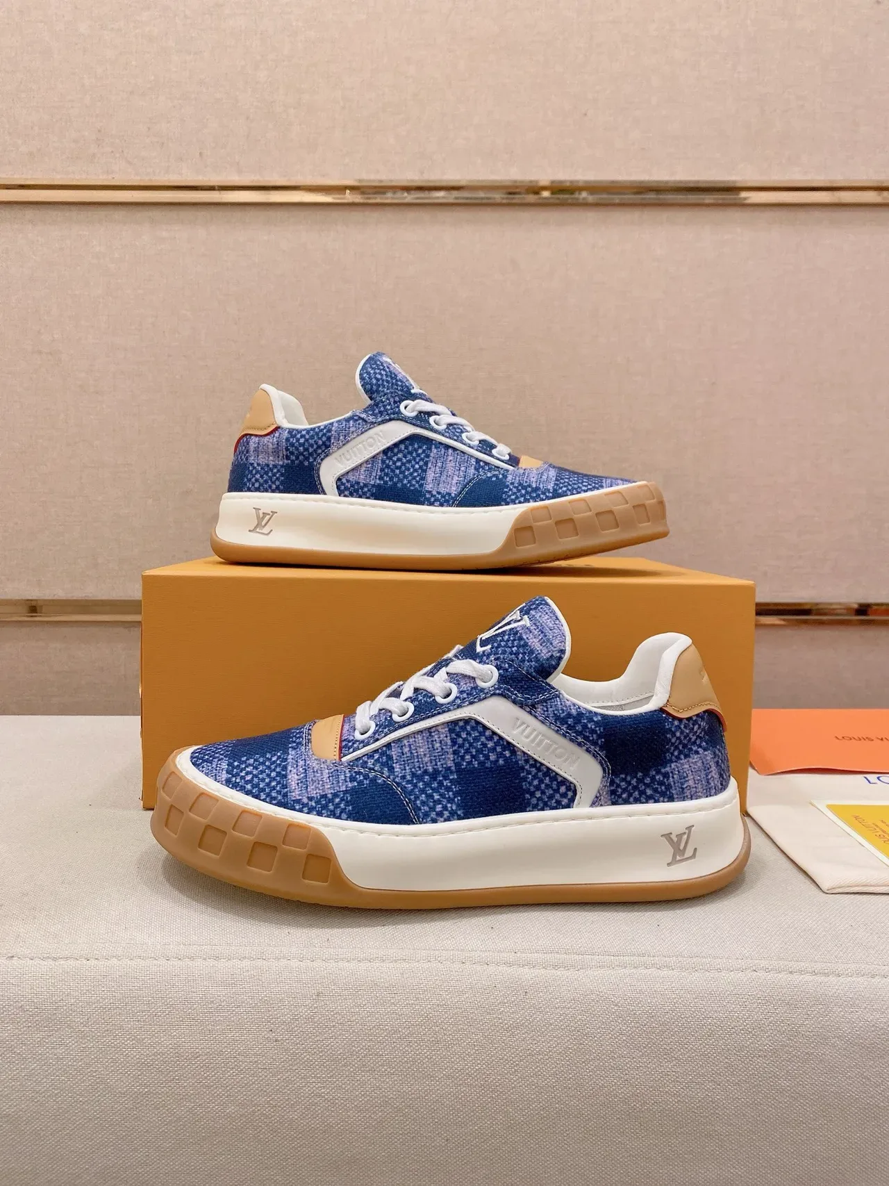 Louis Vuitton LV Trainer Blue Beige Pixelated Textile Upper Grid-Patterned Rubber Outsole Lifestyle Sneakers 7