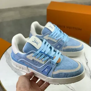 Louis Vuitton LV Trainer Blue White Denim-Textured Upper Monogram-Embossed Lifestyle Sneakers