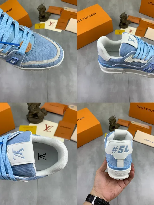Louis Vuitton LV Trainer Blue White Denim-Textured Upper Monogram-Embossed Lifestyle Sneakers 2