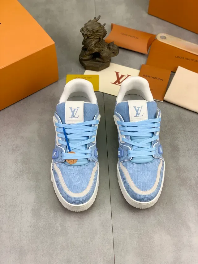 Louis Vuitton LV Trainer Blue White Denim-Textured Upper Monogram-Embossed Lifestyle Sneakers 4