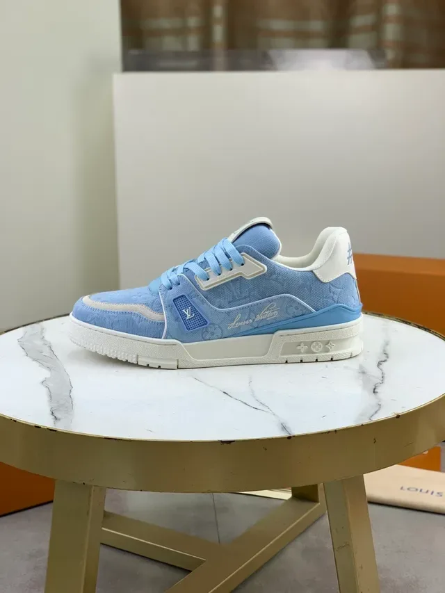 Louis Vuitton LV Trainer Blue White Denim-Textured Upper Monogram-Embossed Lifestyle Sneakers 5