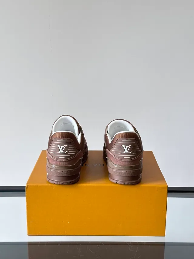Louis Vuitton LV Trainer Brown White Layered Suede-Canvas Upper Monogrammed Heel Tab Lifestyle Sneakers 3