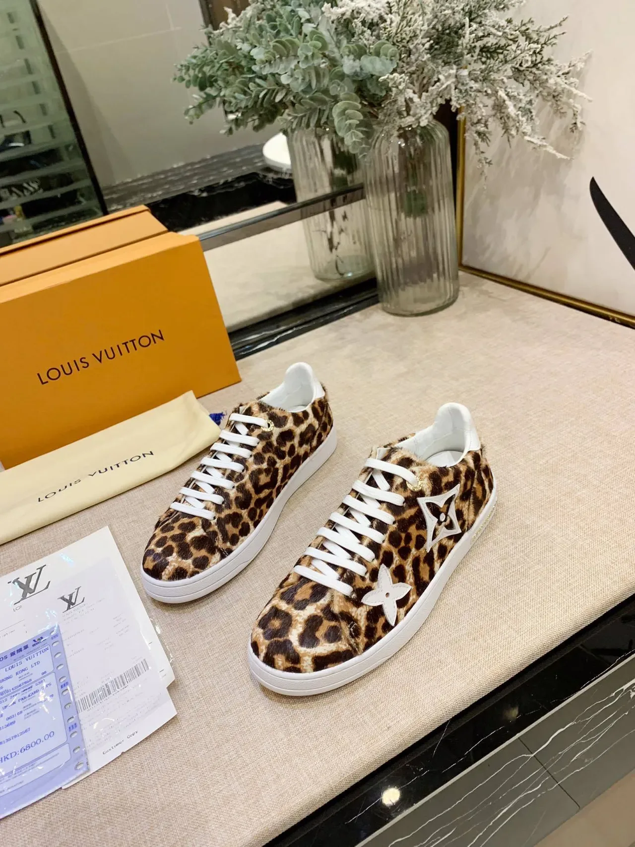 Louis Vuitton LV Trainer Brown White Leopard-Print Calf Hair Monogram Flower Appliqués Lifestyle Sneakers 3