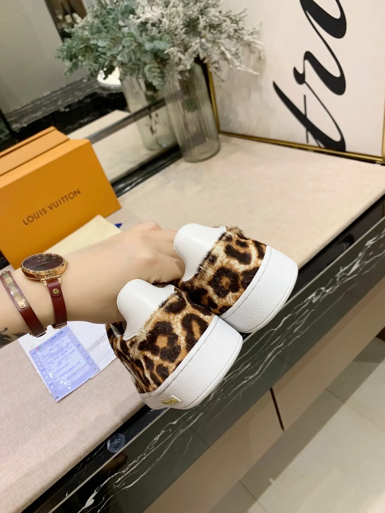 Louis Vuitton LV Trainer Brown White Leopard-Print Calf Hair Monogram Flower Appliqués Lifestyle Sneakers 4