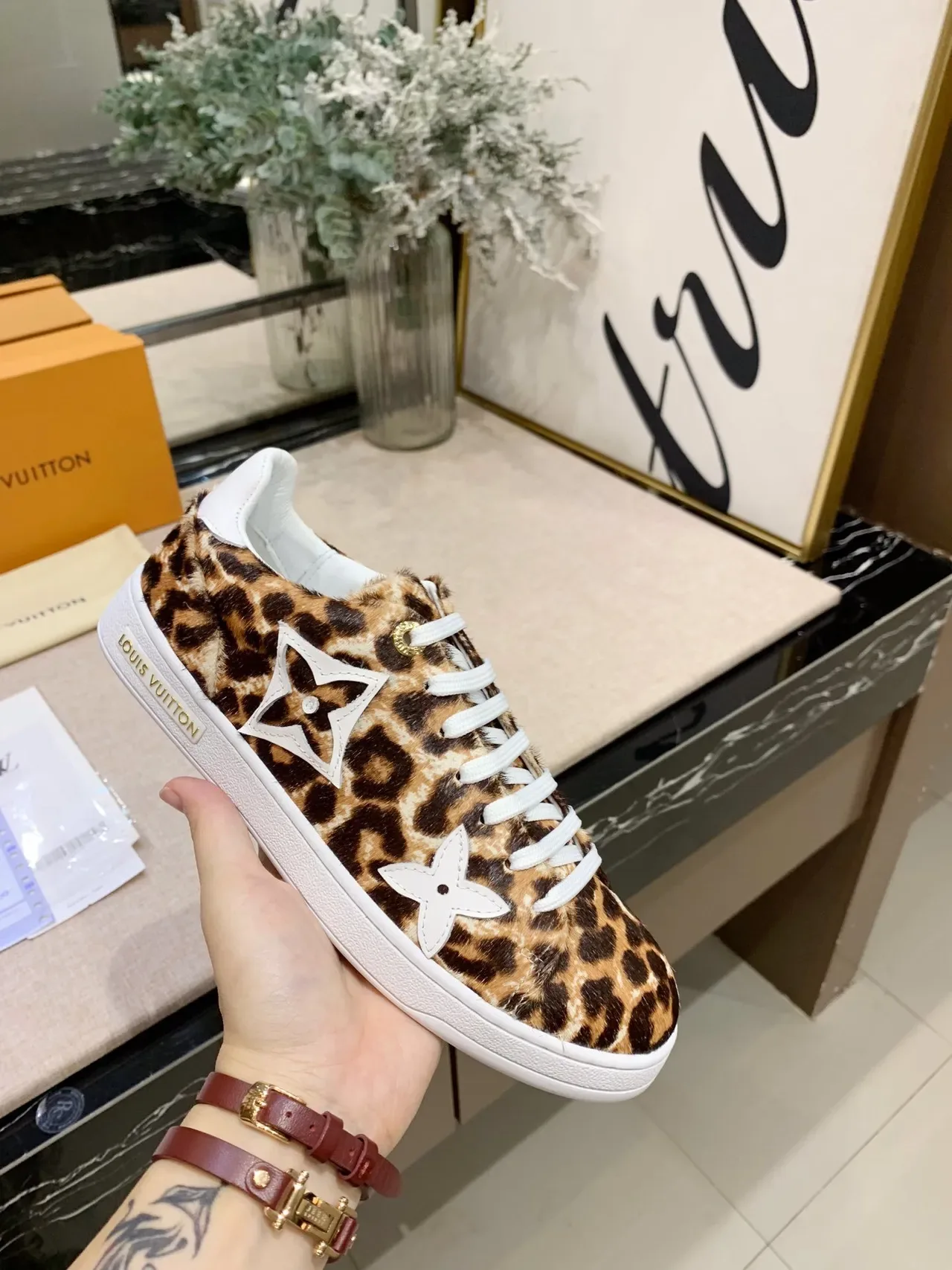 Louis Vuitton LV Trainer Brown White Leopard-Print Calf Hair Monogram Flower Appliqués Lifestyle Sneakers 5