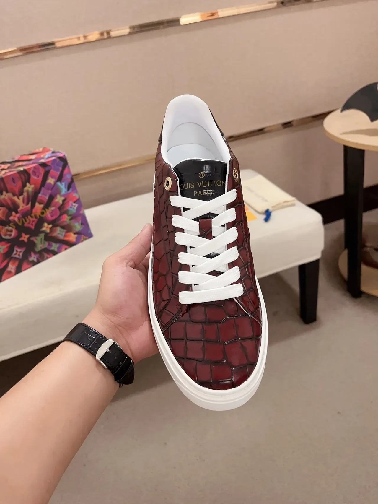 Louis Vuitton LV Trainer Burgundy White Crocodile-Embossed Leather Platform Sole Lifestyle Sneakers 2