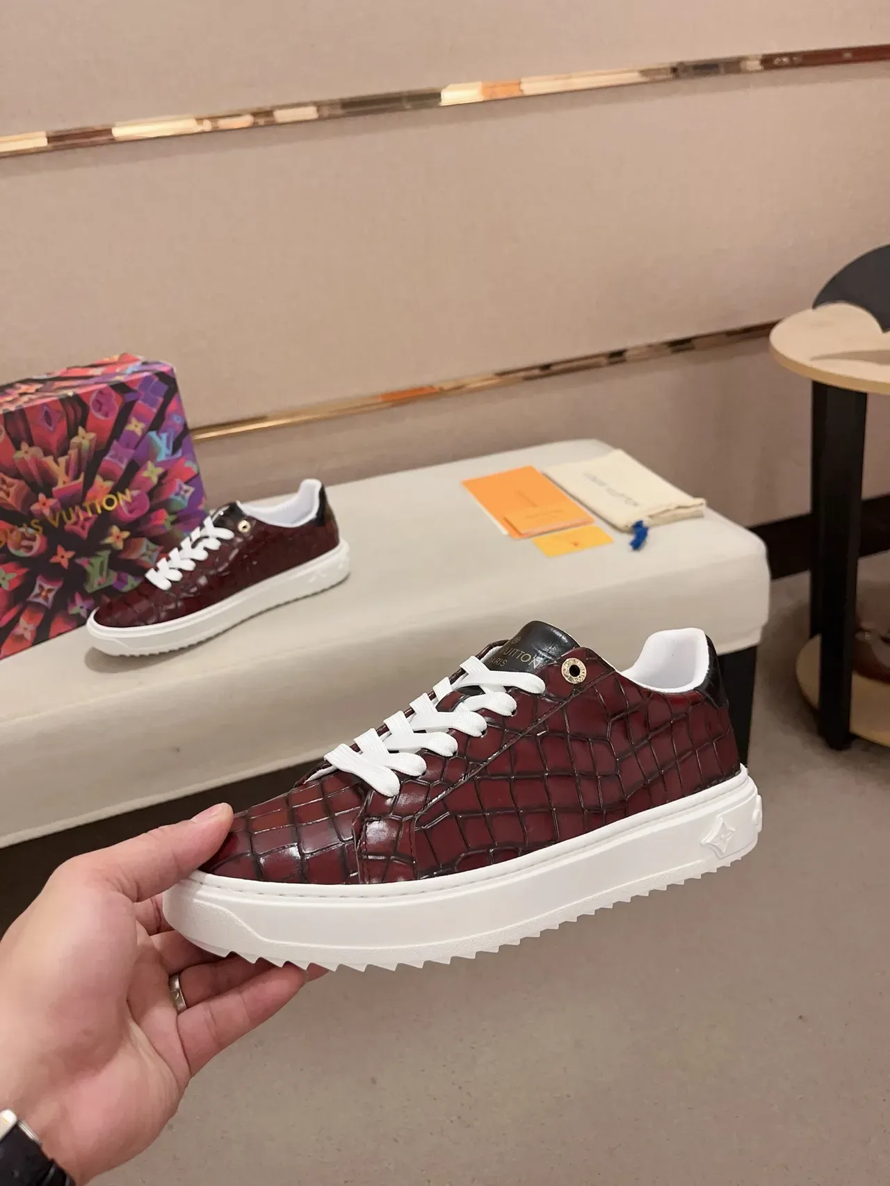 Louis Vuitton LV Trainer Burgundy White Crocodile-Embossed Leather Platform Sole Lifestyle Sneakers 3