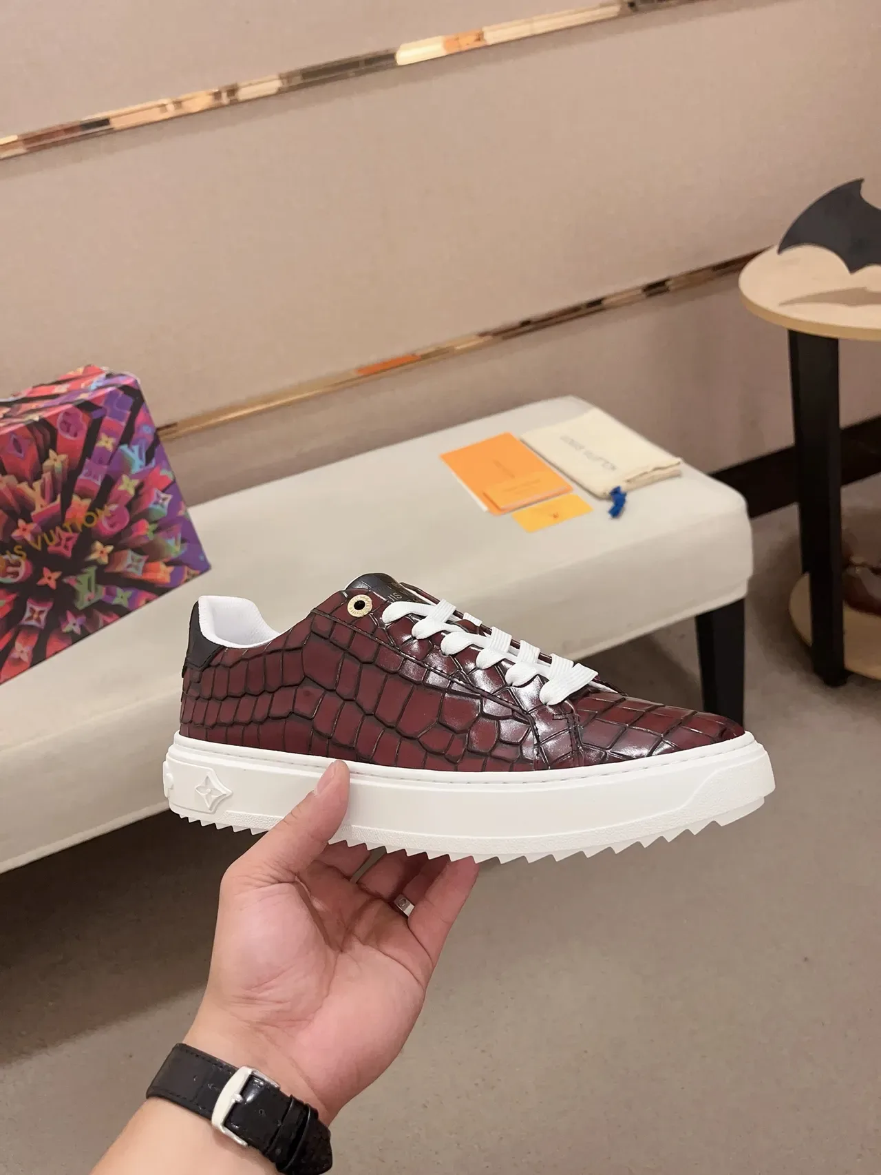 Louis Vuitton LV Trainer Burgundy White Crocodile-Embossed Leather Platform Sole Lifestyle Sneakers 4