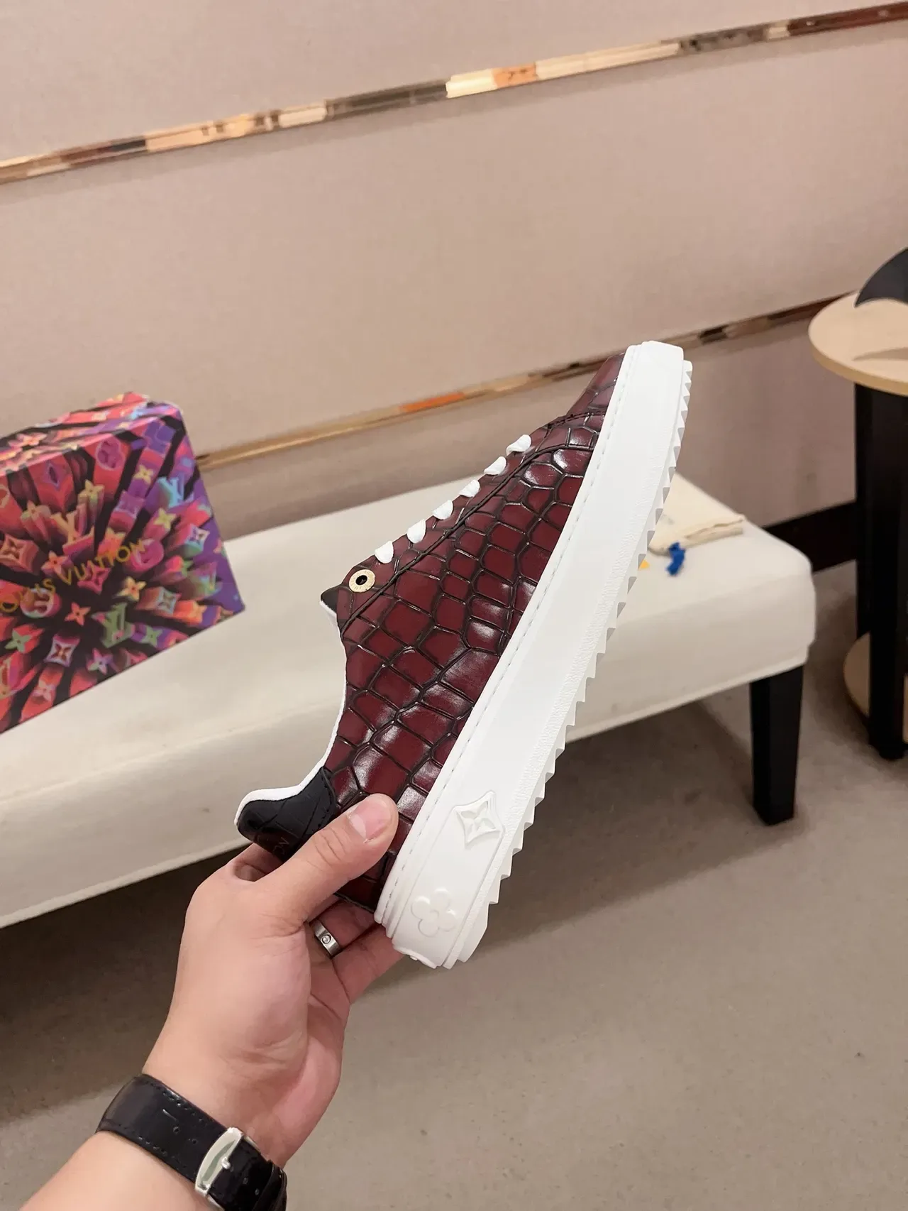 Louis Vuitton LV Trainer Burgundy White Crocodile-Embossed Leather Platform Sole Lifestyle Sneakers 5