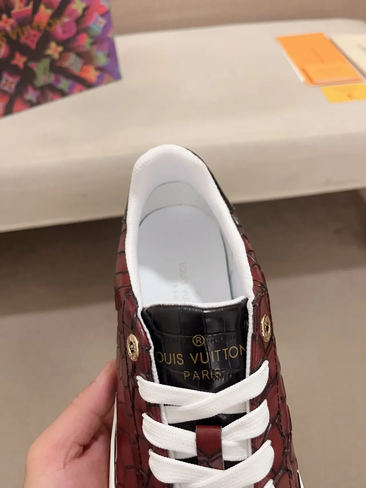 Louis Vuitton LV Trainer Burgundy White Crocodile-Embossed Leather Platform Sole Lifestyle Sneakers 6