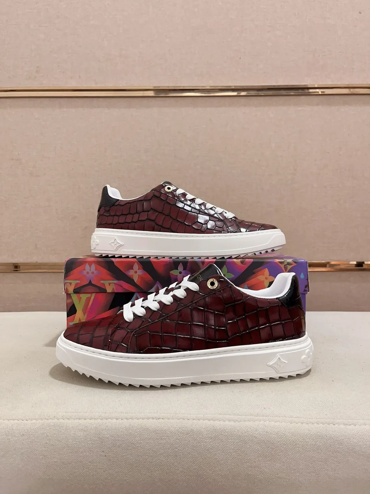 Louis Vuitton LV Trainer Burgundy White Crocodile-Embossed Leather Platform Sole Lifestyle Sneakers 7
