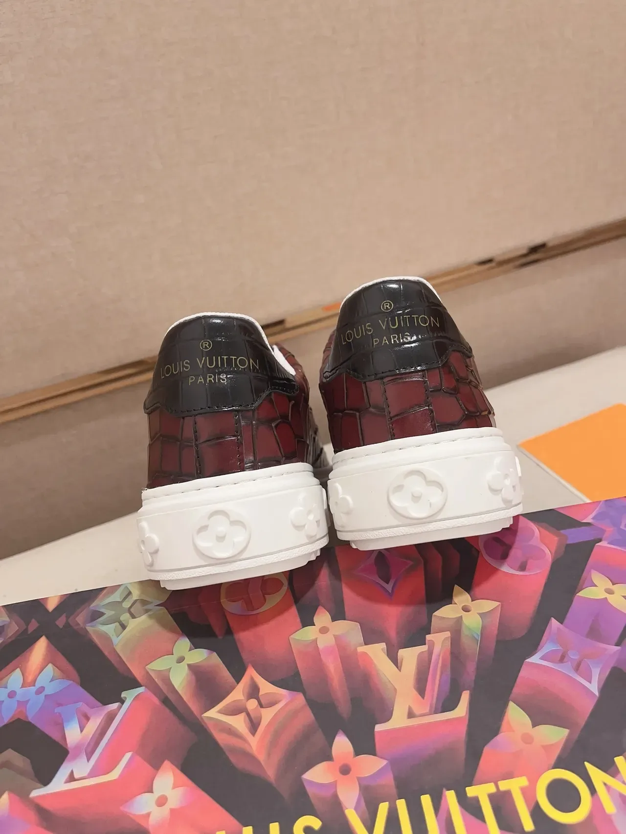 Louis Vuitton LV Trainer Burgundy White Crocodile-Embossed Leather Platform Sole Lifestyle Sneakers 8