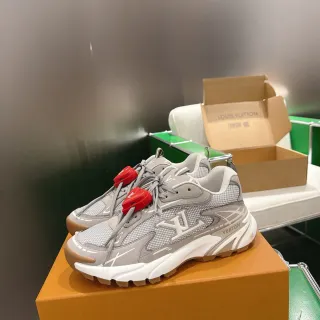 Louis Vuitton LV Trainer Cinza Sola Vermelha Malha E Sobreposição Sintética Tênis Chunky