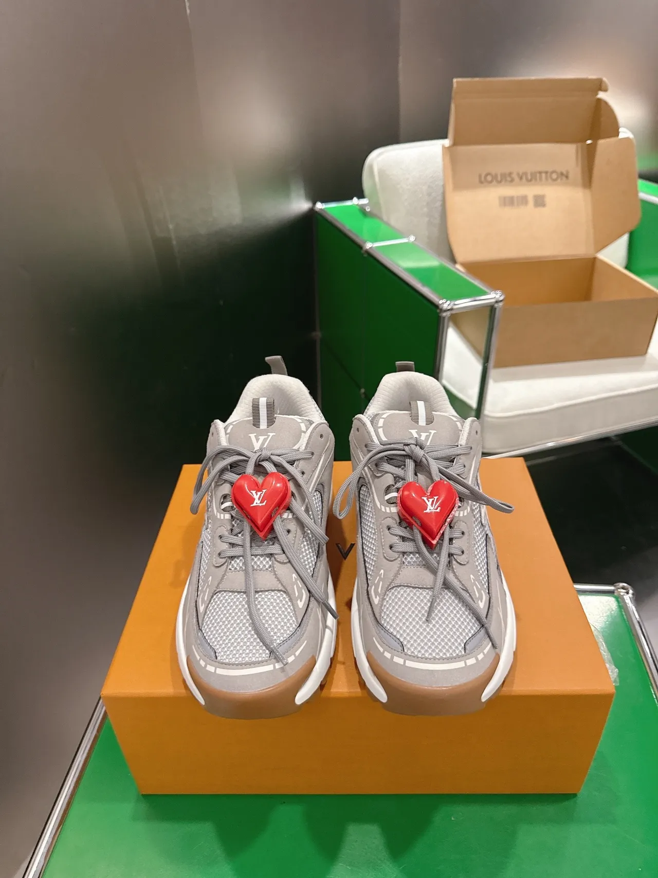 Louis Vuitton LV Trainer Gray Red Sole Mesh And Synthetic Overlay Chunky Sneakers 2