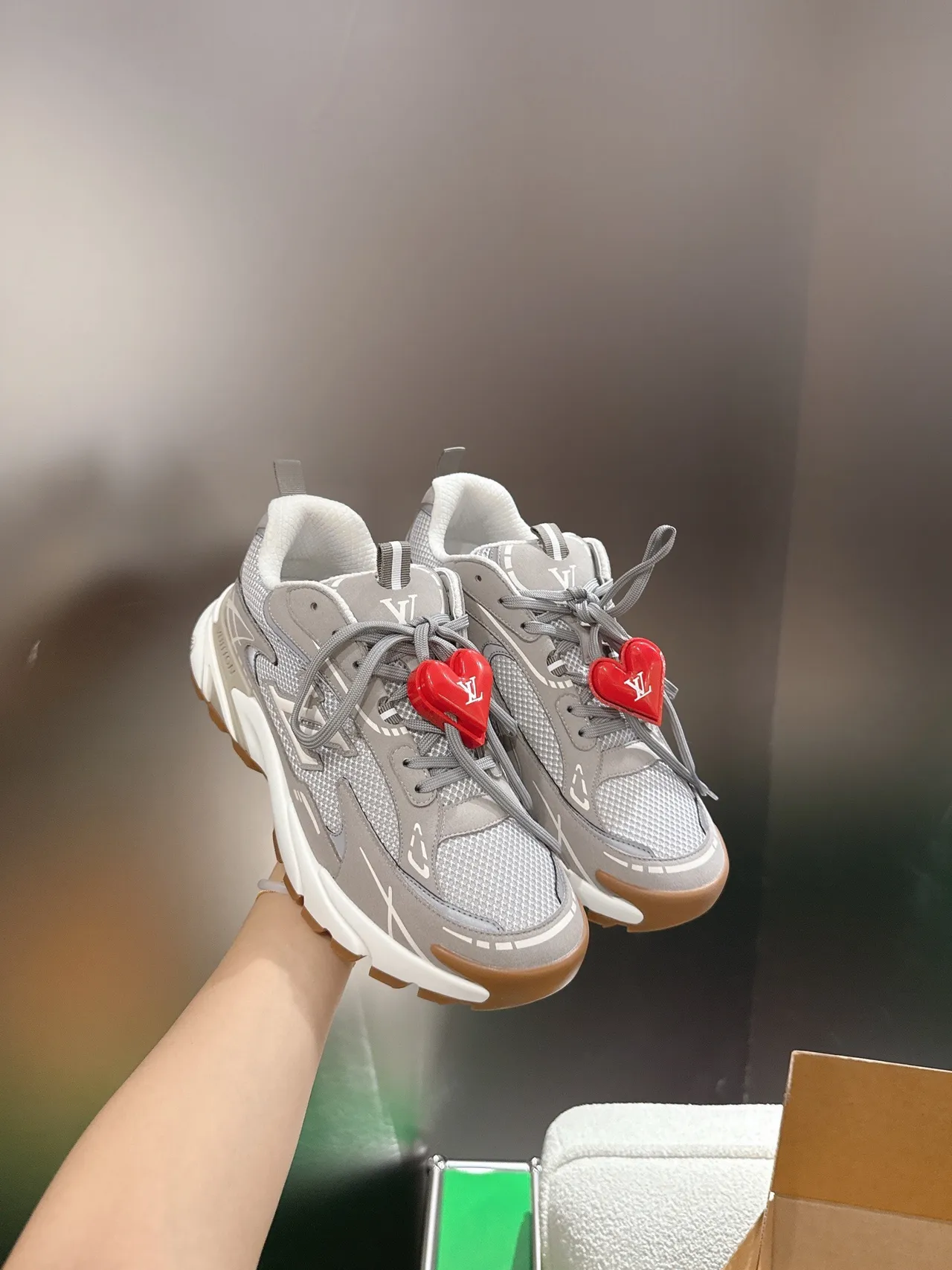 Louis Vuitton LV Trainer Gray Red Sole Mesh And Synthetic Overlay Chunky Sneakers 5