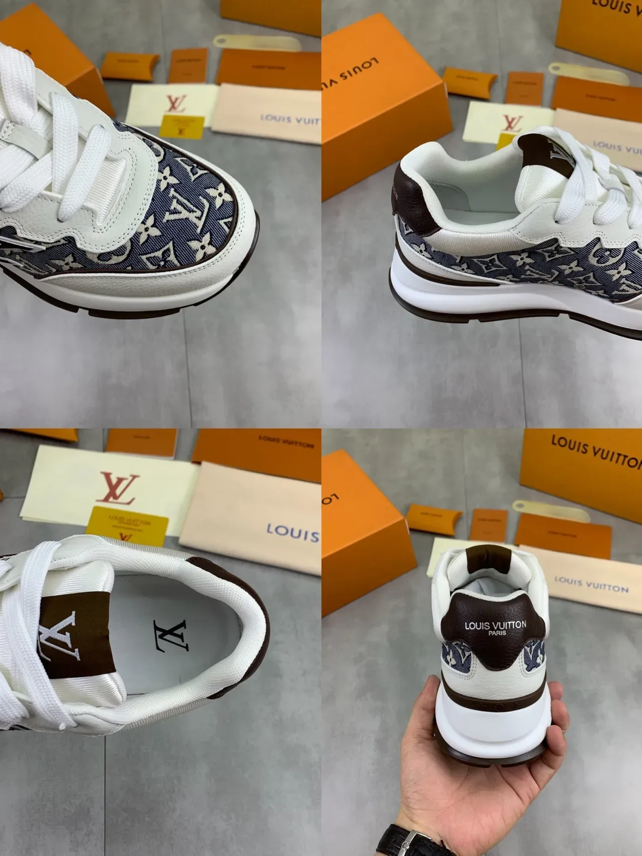 লুইস ভিটন LV Trainer নেভি বেইজ মনোগ্রাম ক্যানভাস লেদার অ্যাকসেন্ট লাইফস্টাইল স্নিকার 2
