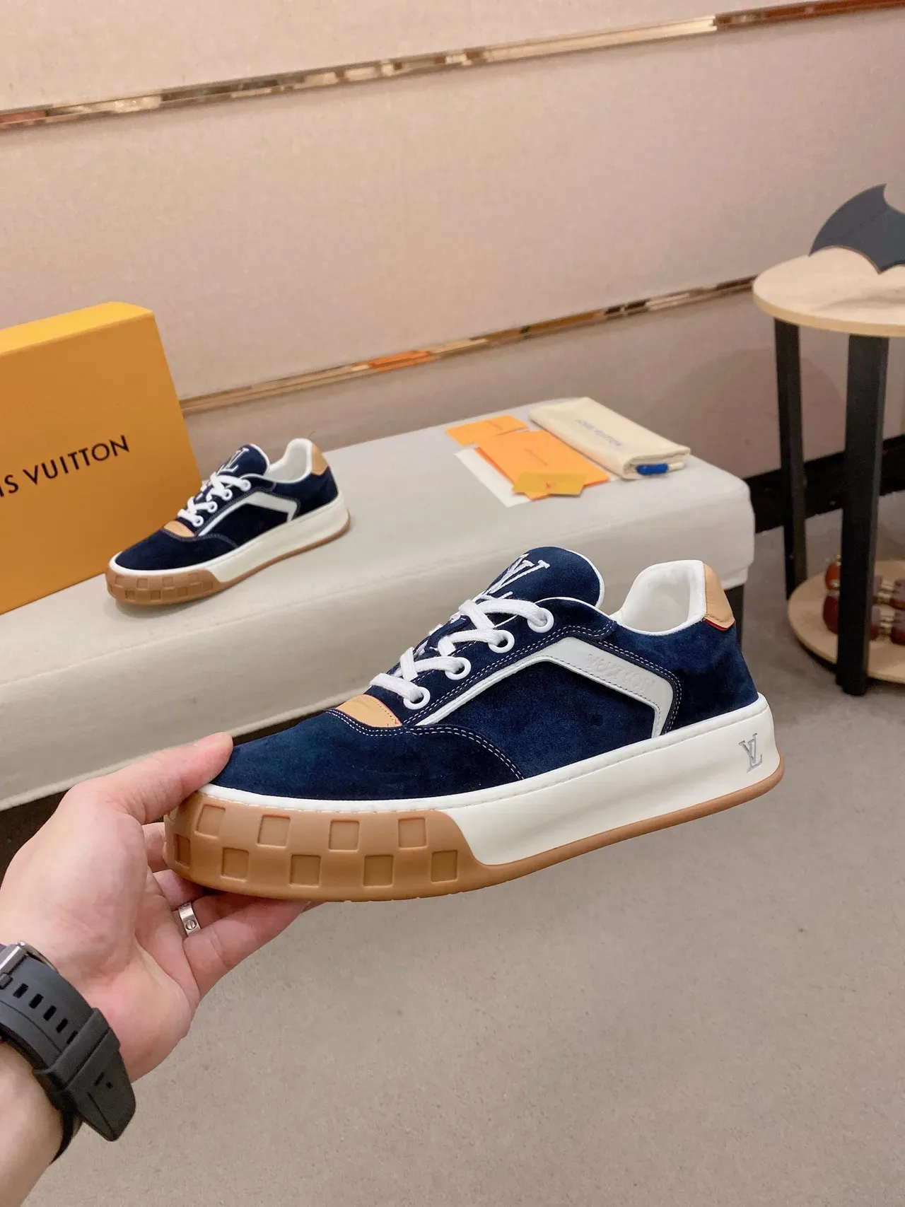 Louis Vuitton LV Trainer Navy Beige Suede Upper White Contrast Stripe Lifestyle Sneakers 3