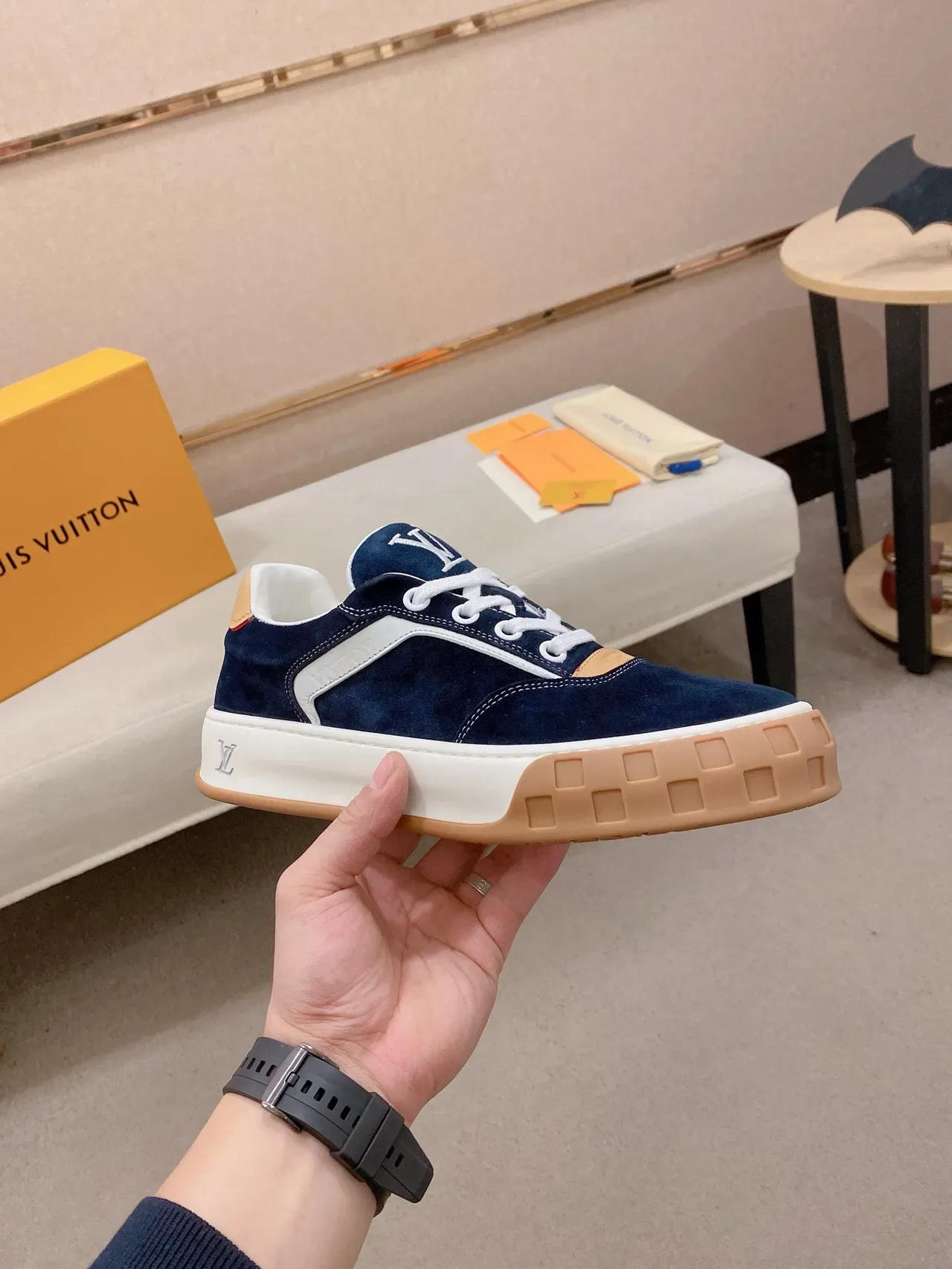 Louis Vuitton LV Trainer Navy Beige Suede Upper White Contrast Stripe Lifestyle Sneakers 4