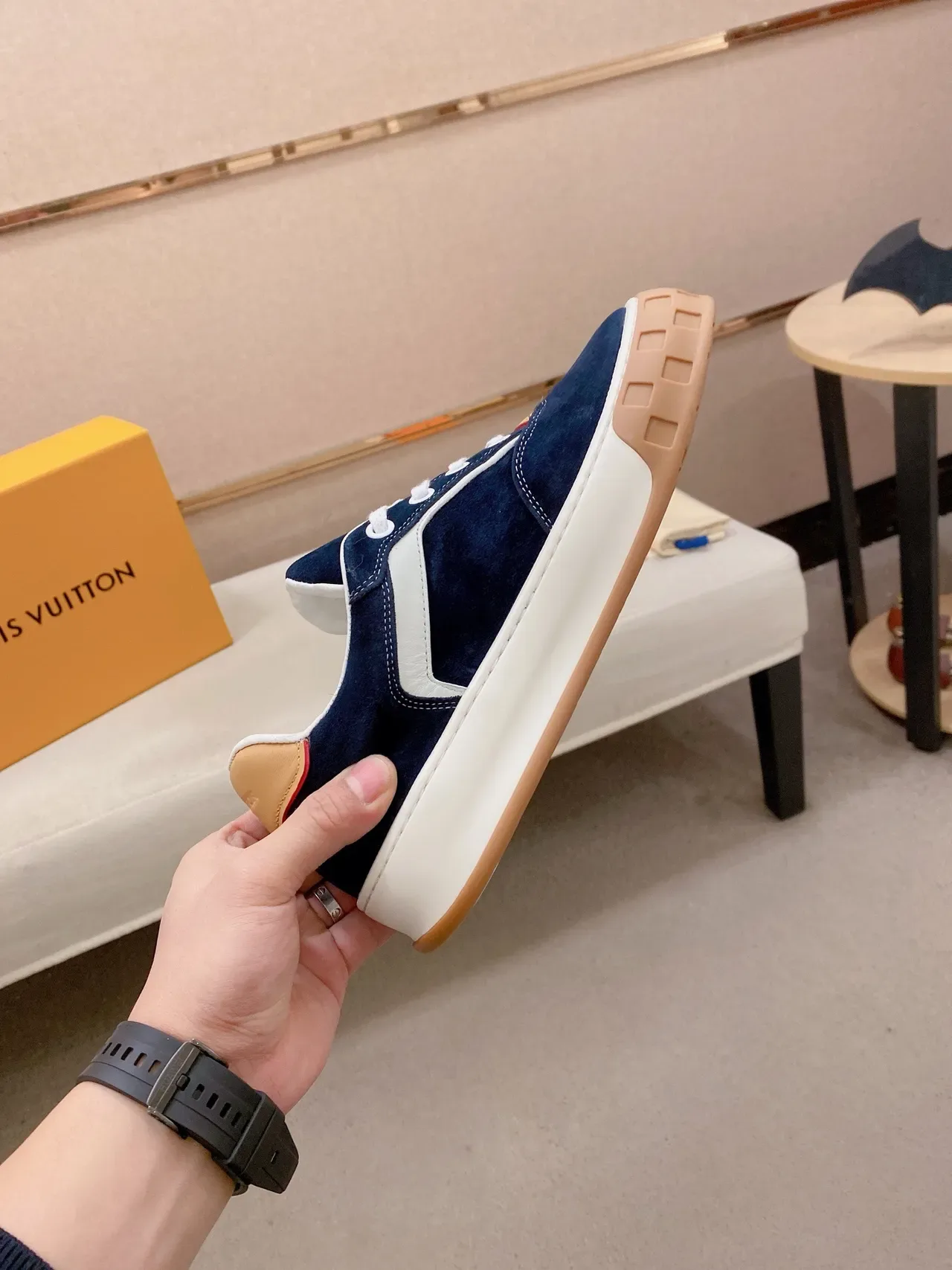 Louis Vuitton LV Trainer Navy Beige Suede Upper White Contrast Stripe Lifestyle Sneakers 5