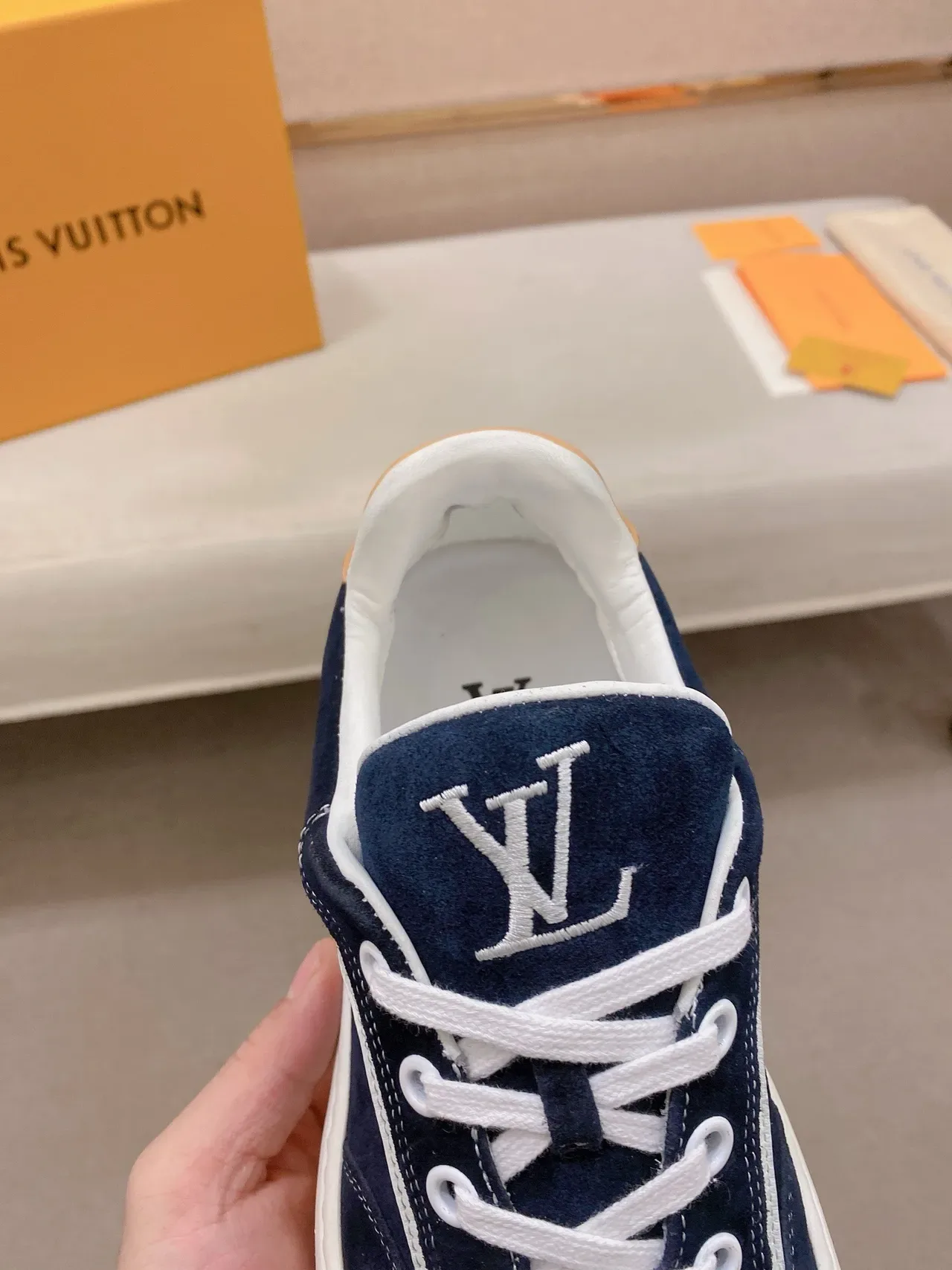 Louis Vuitton LV Trainer Navy Beige Suede Upper White Contrast Stripe Lifestyle Sneakers 6