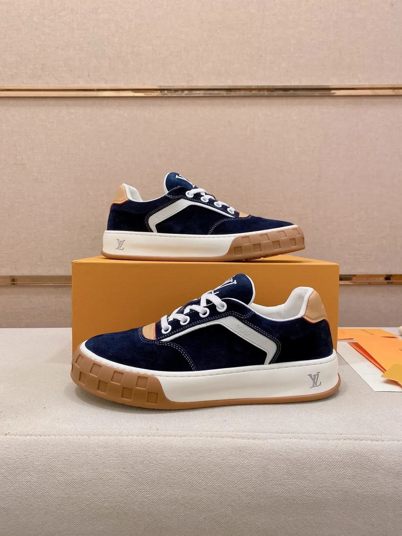 Louis Vuitton LV Trainer Navy Beige Suede Upper White Contrast Stripe Lifestyle Sneakers 8