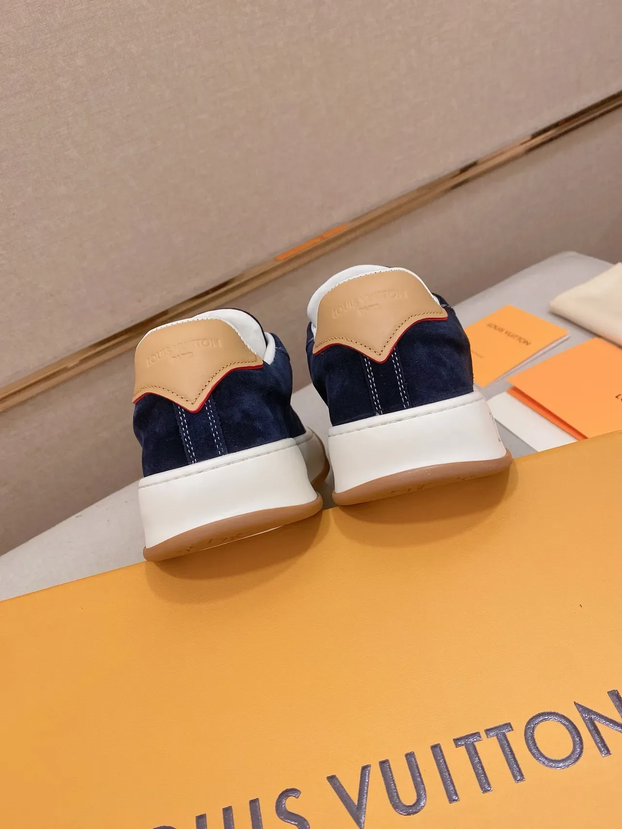 Louis Vuitton LV Trainer Navy Beige Suede Upper White Contrast Stripe Lifestyle Sneakers 9