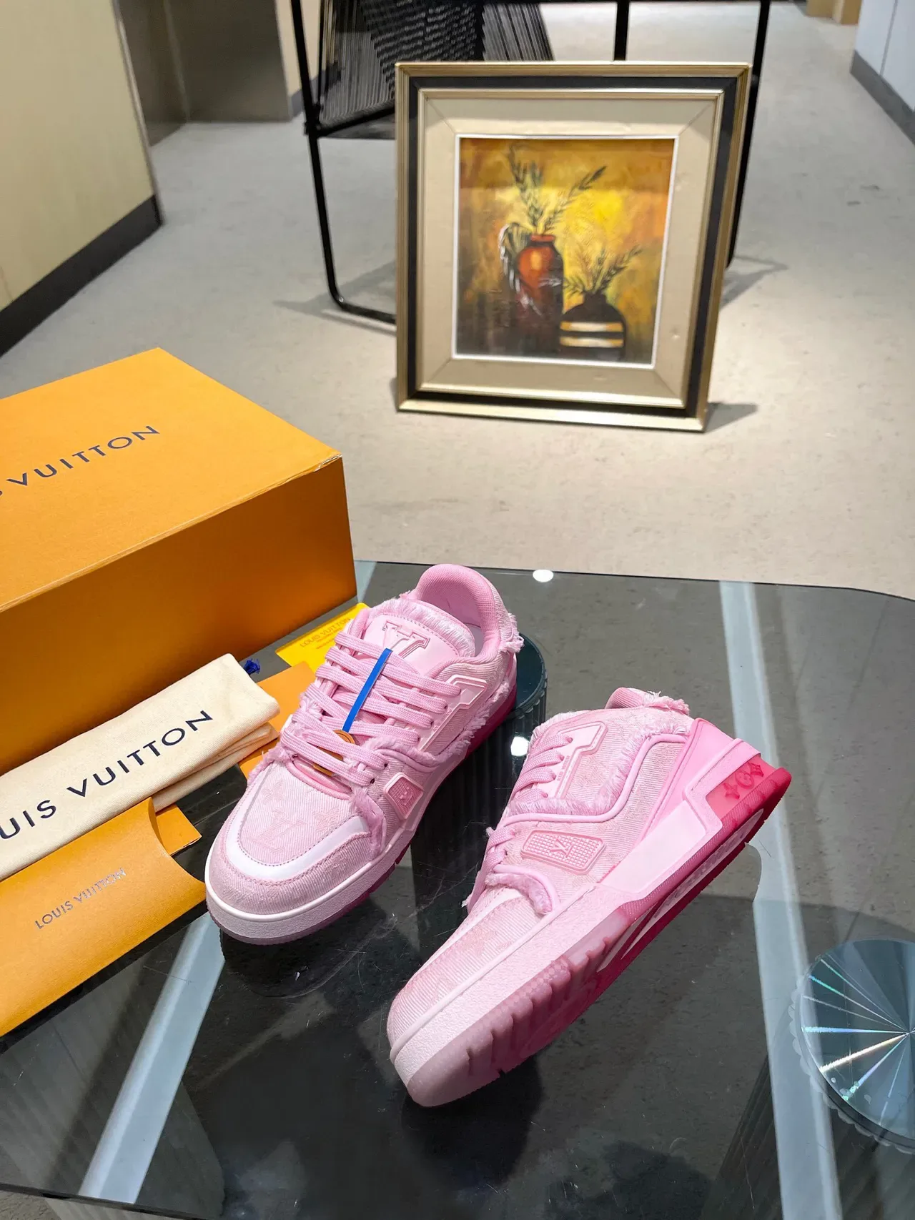 Louis Vuitton LV Trainer Pink White Monogram Jacquard Upper Frayed Textile Edges Lifestyle Sneakers 2
