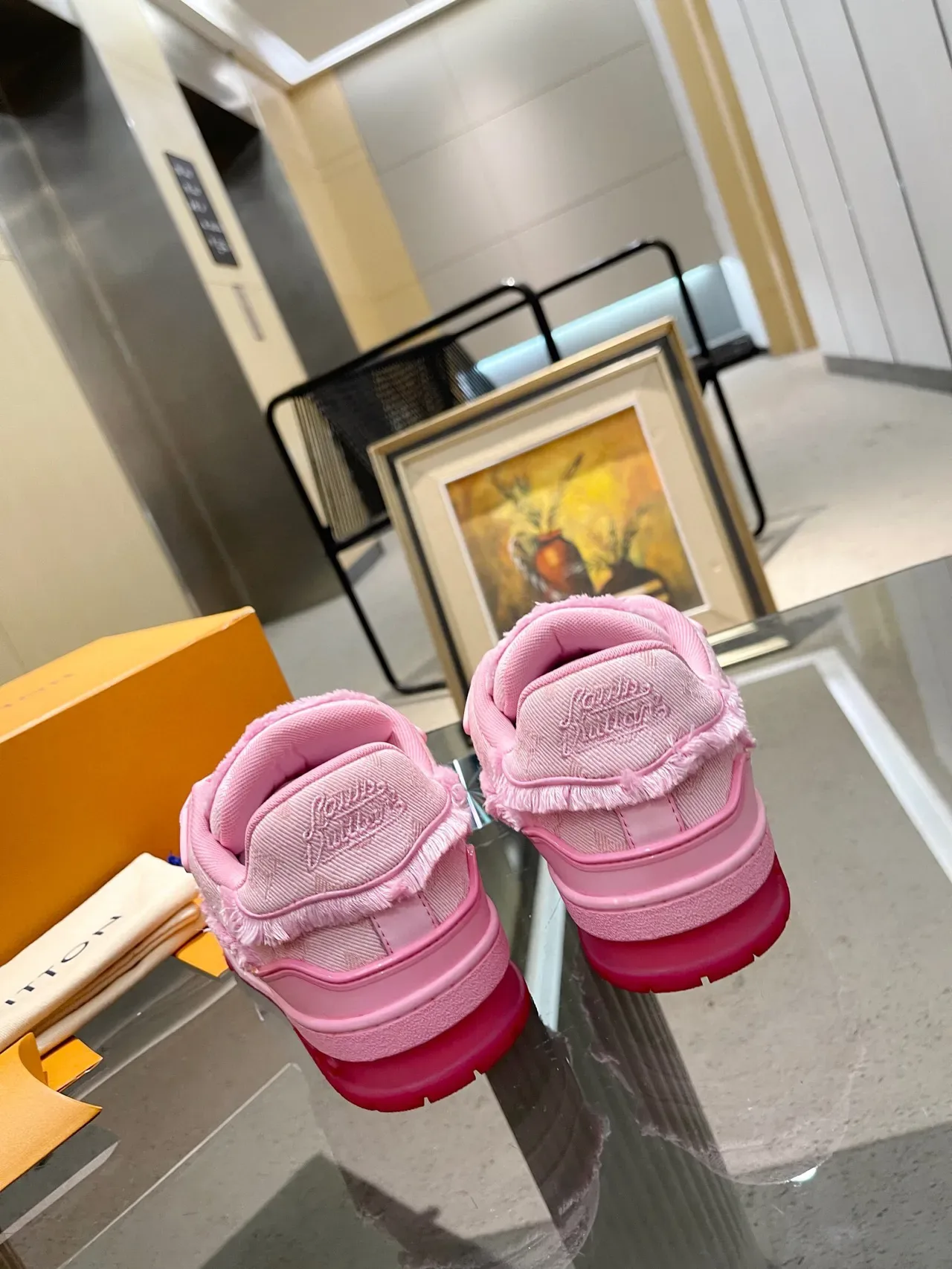Louis Vuitton LV Trainer Pink White Monogram Jacquard Upper Frayed Textile Edges Lifestyle Sneakers 3