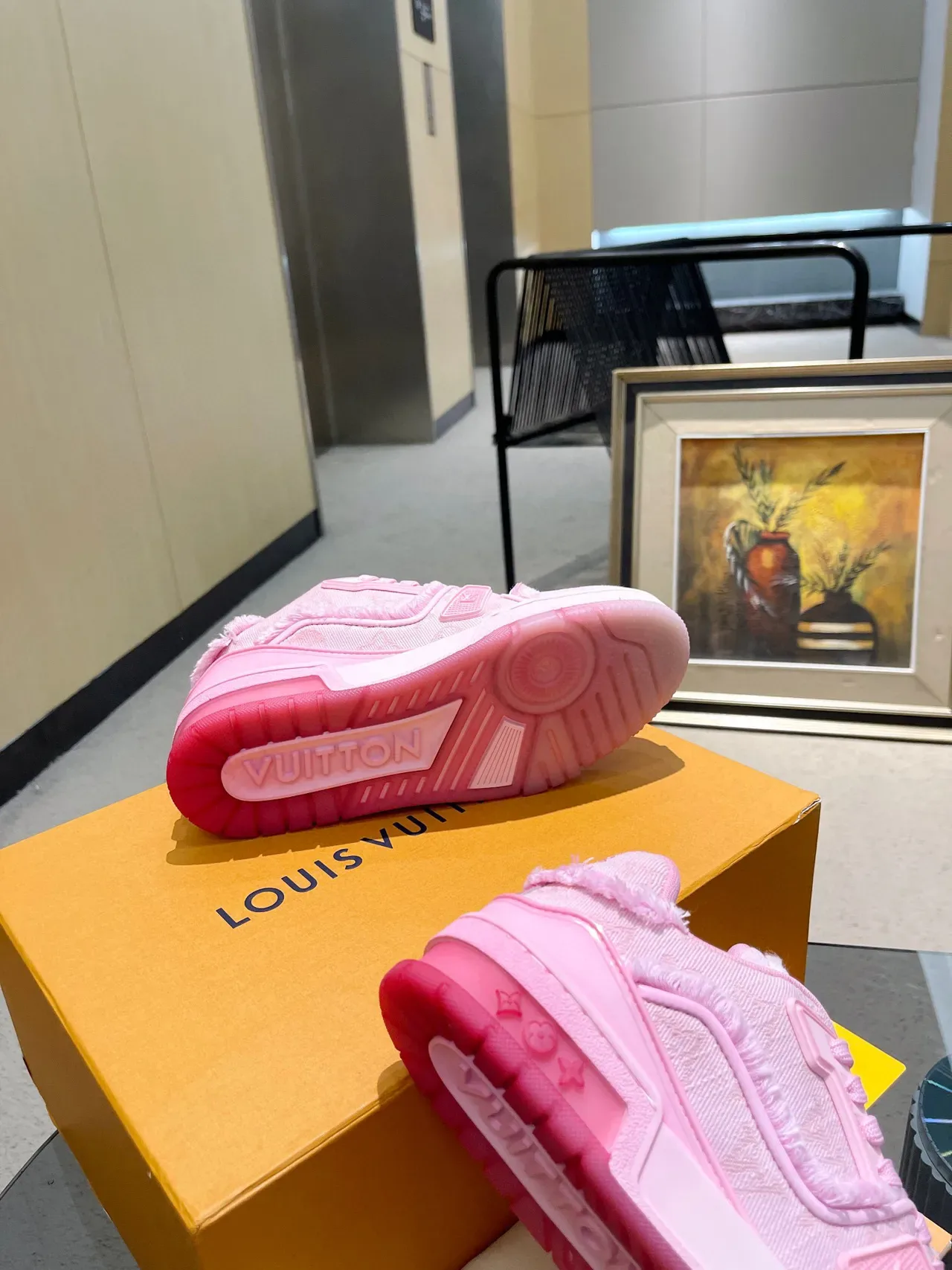 Louis Vuitton LV Trainer Pink White Monogram Jacquard Upper Frayed Textile Edges Lifestyle Sneakers 4