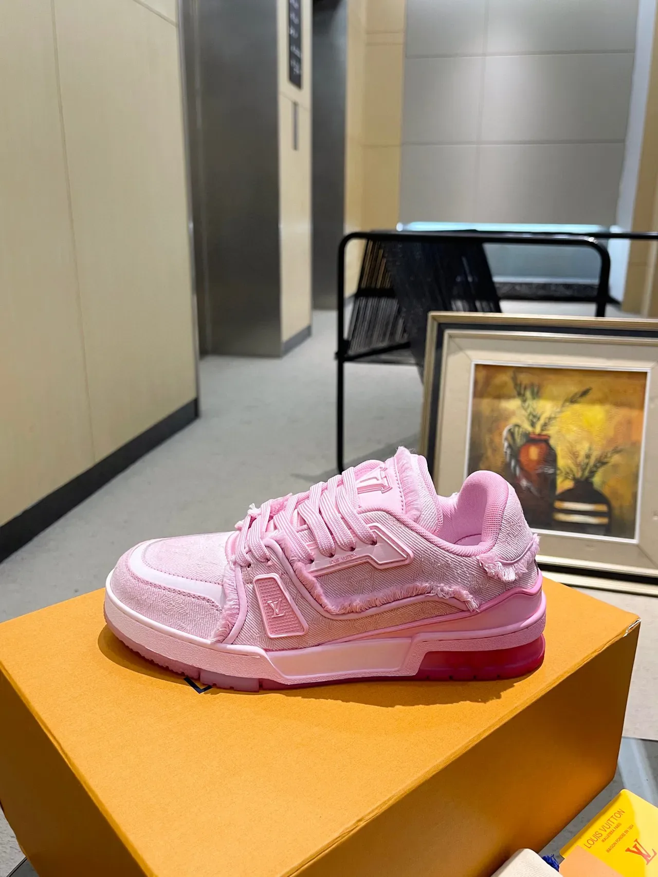 Louis Vuitton LV Trainer Pink White Monogram Jacquard Upper Frayed Textile Edges Lifestyle Sneakers 5