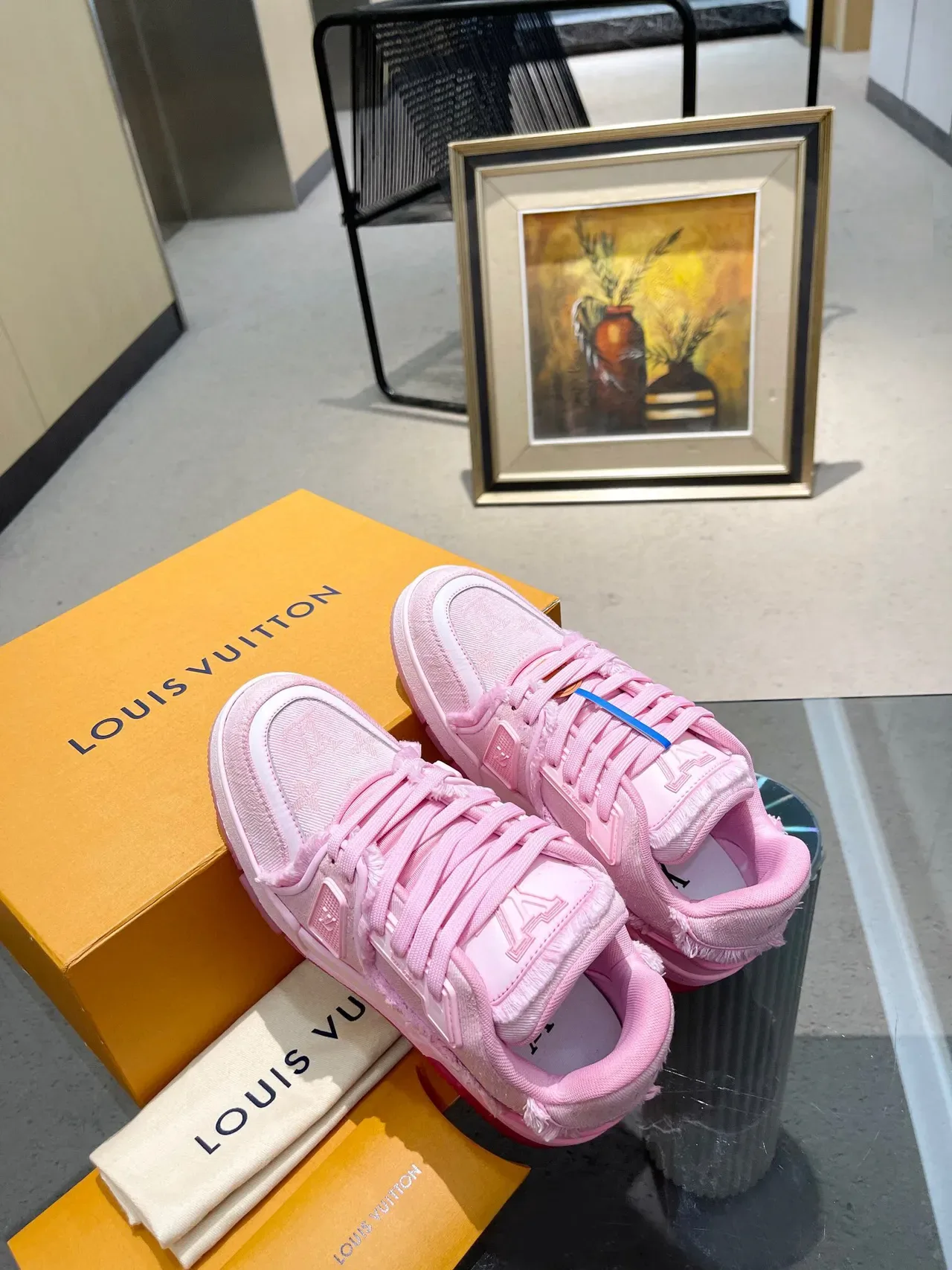 Louis Vuitton LV Trainer Pink White Monogram Jacquard Upper Frayed Textile Edges Lifestyle Sneakers 6