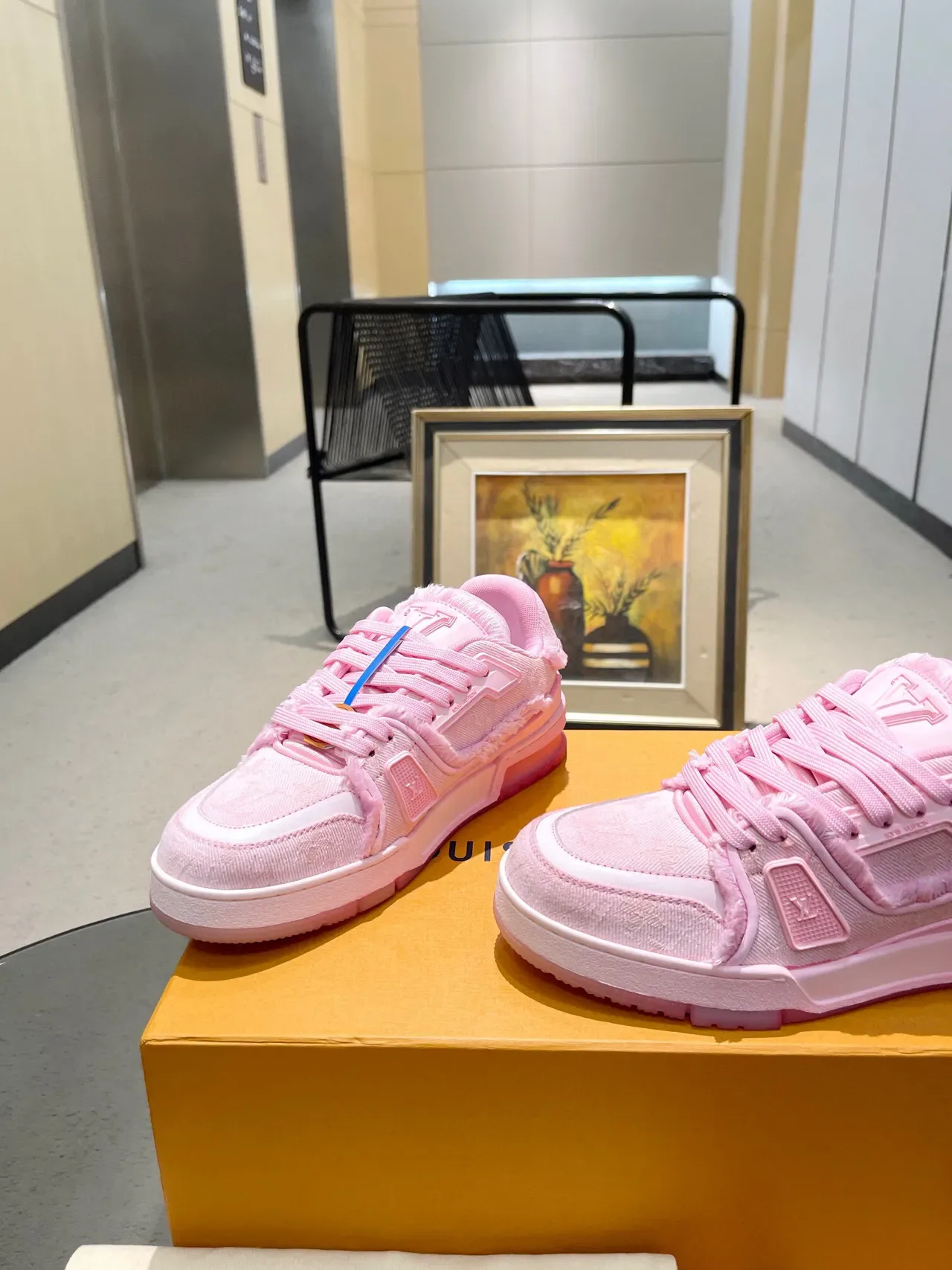 Louis Vuitton LV Trainer Pink White Monogram Jacquard Upper Frayed Textile Edges Lifestyle Sneakers 7